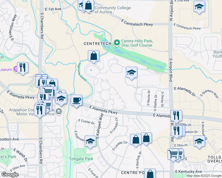 map of restaurants, bars, coffee shops, grocery stores, and more near 427 South Memphis Way in Aurora
