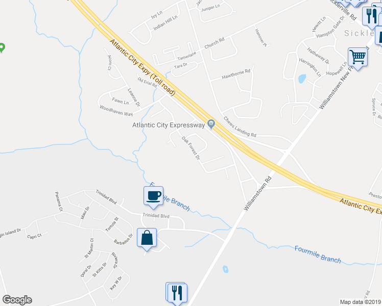 map of restaurants, bars, coffee shops, grocery stores, and more near 54 Oak Forest Drive in Sicklerville