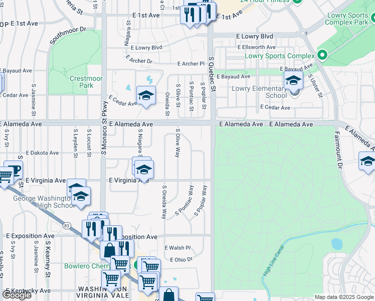 map of restaurants, bars, coffee shops, grocery stores, and more near 397 South Pontiac Way in Denver