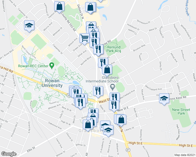 map of restaurants, bars, coffee shops, grocery stores, and more near 318 North Main Street in Glassboro