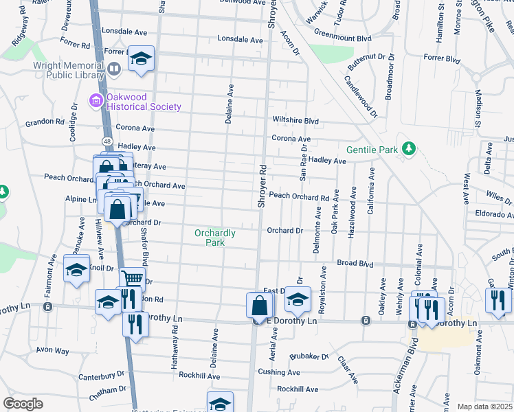 map of restaurants, bars, coffee shops, grocery stores, and more near 2321 Shroyer Road in Dayton