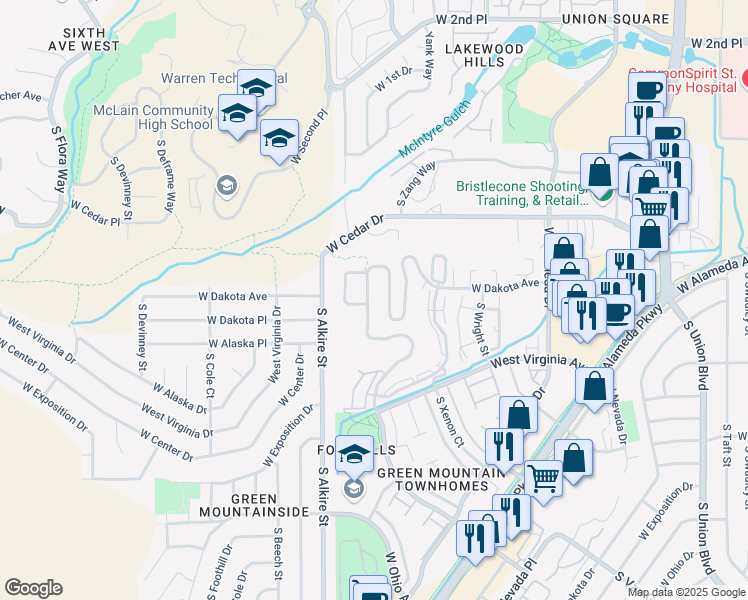 map of restaurants, bars, coffee shops, grocery stores, and more near 468 South Youngfield Court in Lakewood