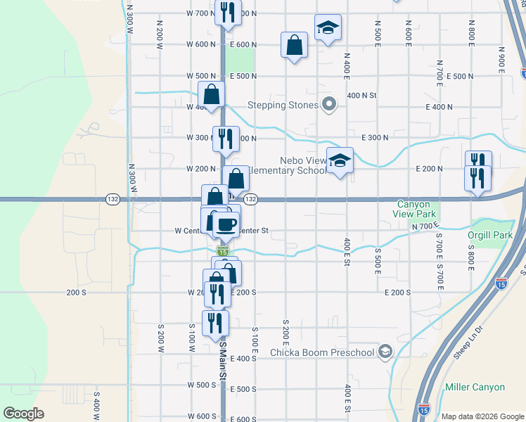 map of restaurants, bars, coffee shops, grocery stores, and more near 56 North 100 East in Nephi