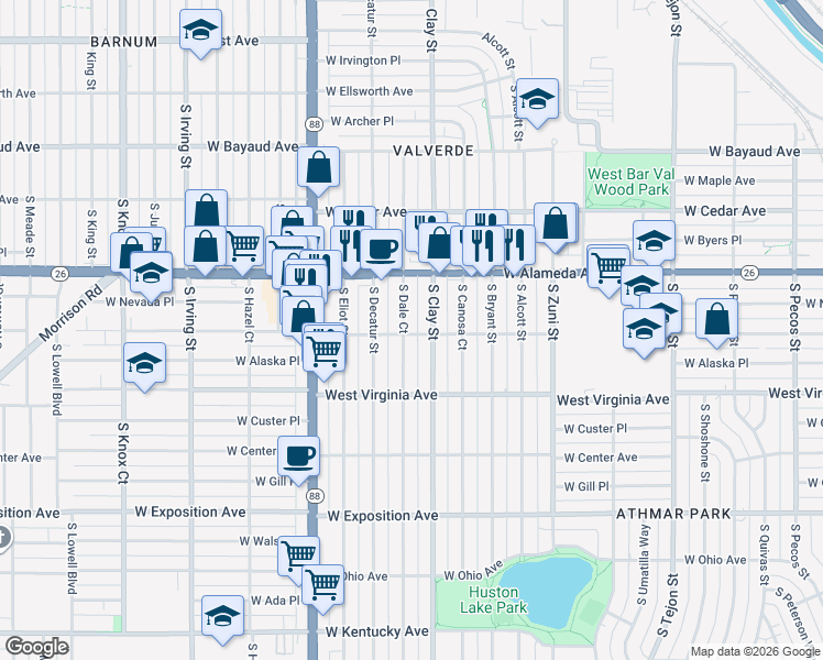 map of restaurants, bars, coffee shops, grocery stores, and more near 1 West Dakota Avenue in Denver