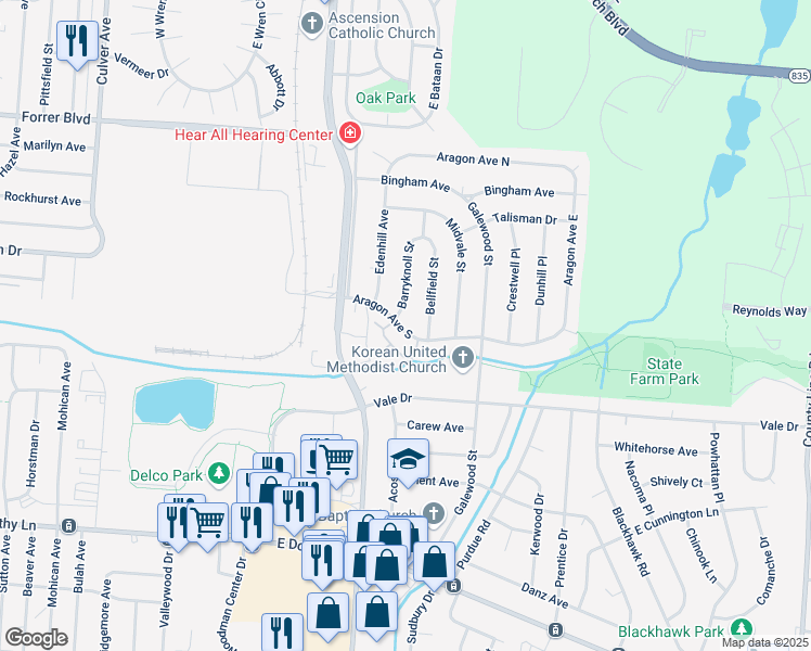 map of restaurants, bars, coffee shops, grocery stores, and more near 2263 Aragon Avenue South in Kettering