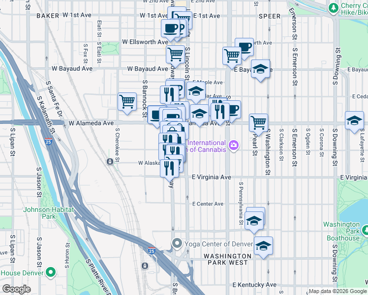 map of restaurants, bars, coffee shops, grocery stores, and more near 33 East Dakota Avenue in Denver