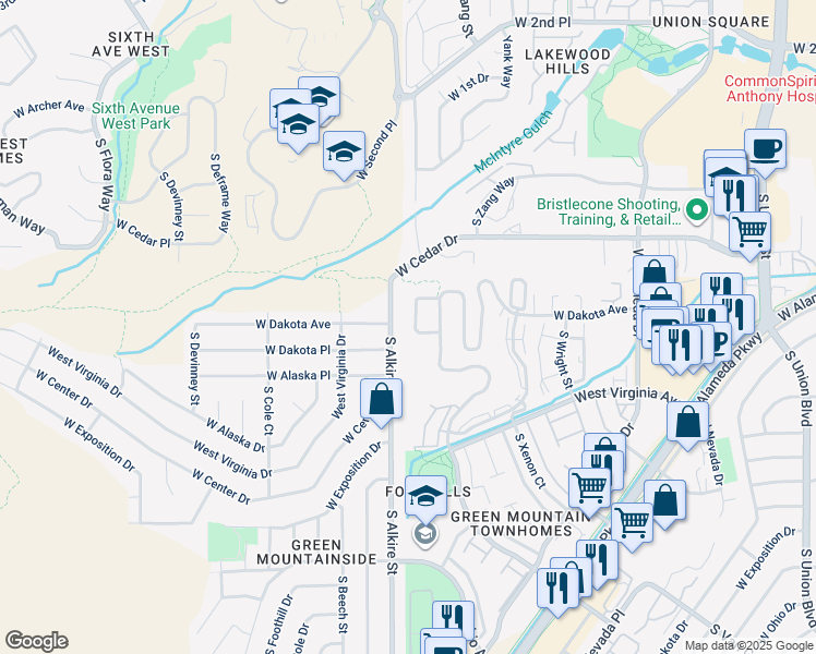 map of restaurants, bars, coffee shops, grocery stores, and more near 477 South Youngfield Circle in Lakewood