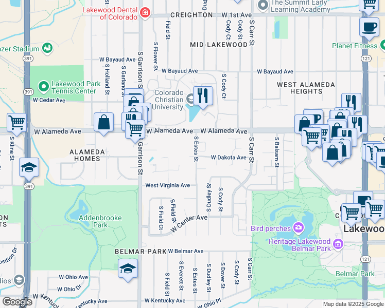 map of restaurants, bars, coffee shops, grocery stores, and more near 371 South Estes Street in Lakewood
