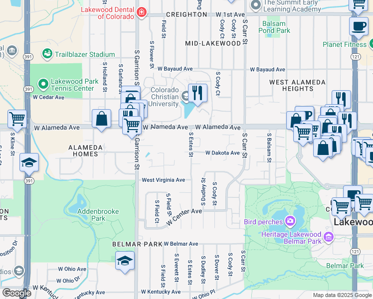 map of restaurants, bars, coffee shops, grocery stores, and more near 371 South Estes Street in Lakewood