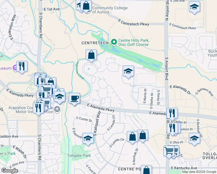 map of restaurants, bars, coffee shops, grocery stores, and more near 427 South Memphis Way in Aurora