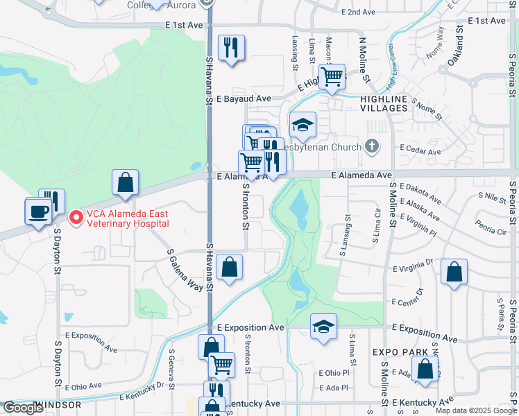map of restaurants, bars, coffee shops, grocery stores, and more near 384 South Ironton Street in Aurora