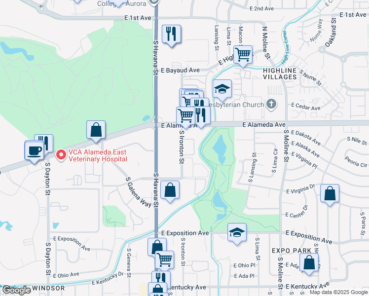 map of restaurants, bars, coffee shops, grocery stores, and more near 384 South Ironton Street in Aurora