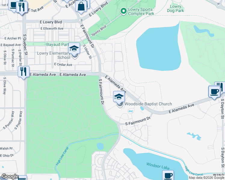 map of restaurants, bars, coffee shops, grocery stores, and more near in Denver