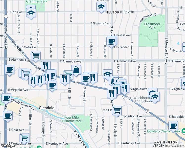map of restaurants, bars, coffee shops, grocery stores, and more near 5401 East Dakota Avenue in Denver