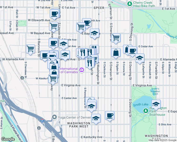 map of restaurants, bars, coffee shops, grocery stores, and more near 393 South Pearl Street in Denver