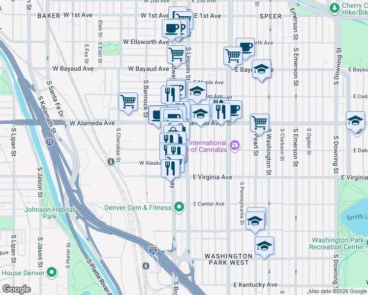 map of restaurants, bars, coffee shops, grocery stores, and more near 33 East Dakota Avenue in Denver