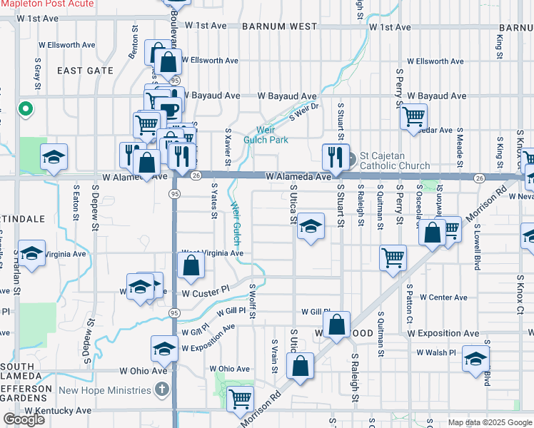 map of restaurants, bars, coffee shops, grocery stores, and more near 4702 West Dakota Avenue in Denver