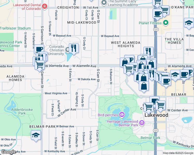 map of restaurants, bars, coffee shops, grocery stores, and more near 8447 West Dakota Avenue in Lakewood