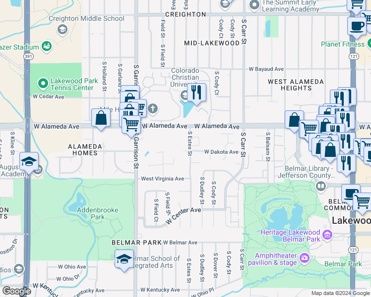 map of restaurants, bars, coffee shops, grocery stores, and more near 371 South Estes Street in Lakewood