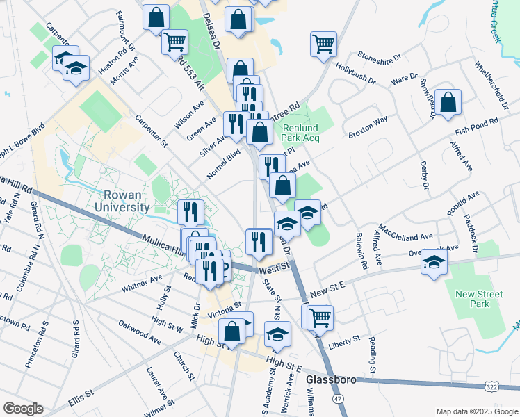 map of restaurants, bars, coffee shops, grocery stores, and more near 318 North Main Street in Glassboro