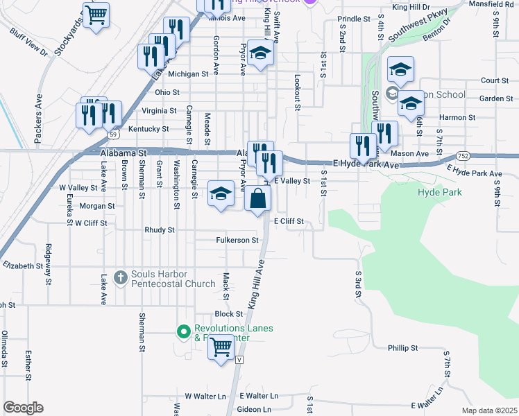 map of restaurants, bars, coffee shops, grocery stores, and more near 6408 King Hill Avenue in Saint Joseph