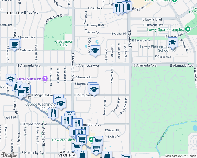 map of restaurants, bars, coffee shops, grocery stores, and more near 366 South Newport Way in Denver