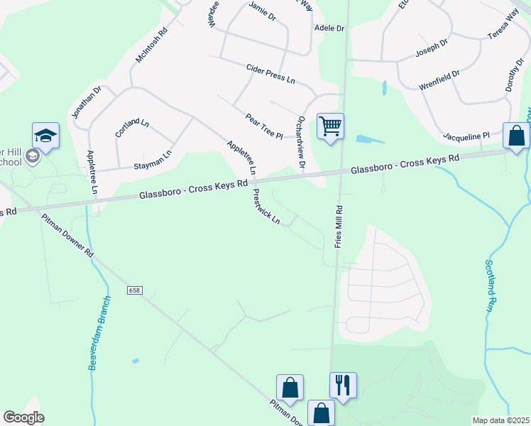 map of restaurants, bars, coffee shops, grocery stores, and more near Prestwick Lane in Monroe