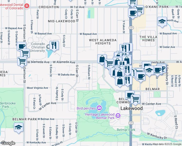 map of restaurants, bars, coffee shops, grocery stores, and more near 364 S Balsam St in Lakewood
