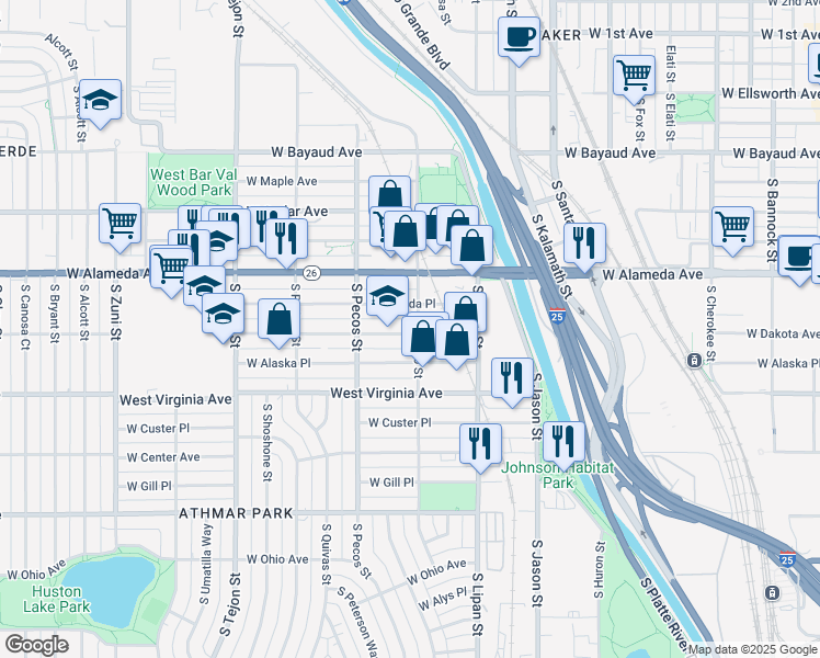 map of restaurants, bars, coffee shops, grocery stores, and more near 1301 West Dakota Avenue in Denver