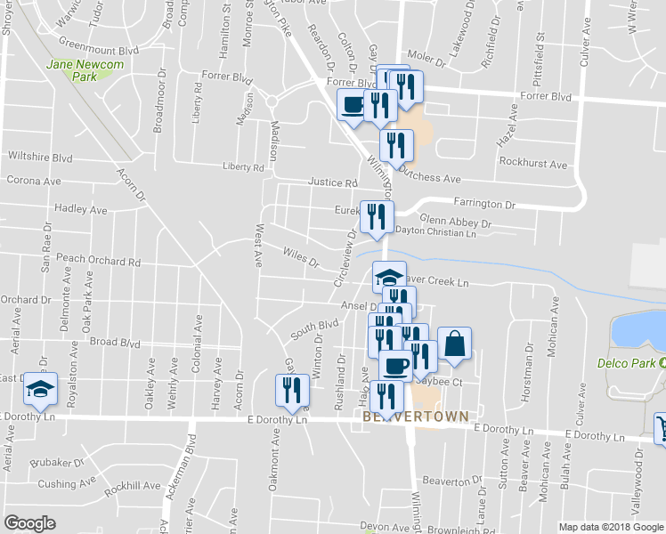 map of restaurants, bars, coffee shops, grocery stores, and more near 1129 Wiles Drive in Kettering