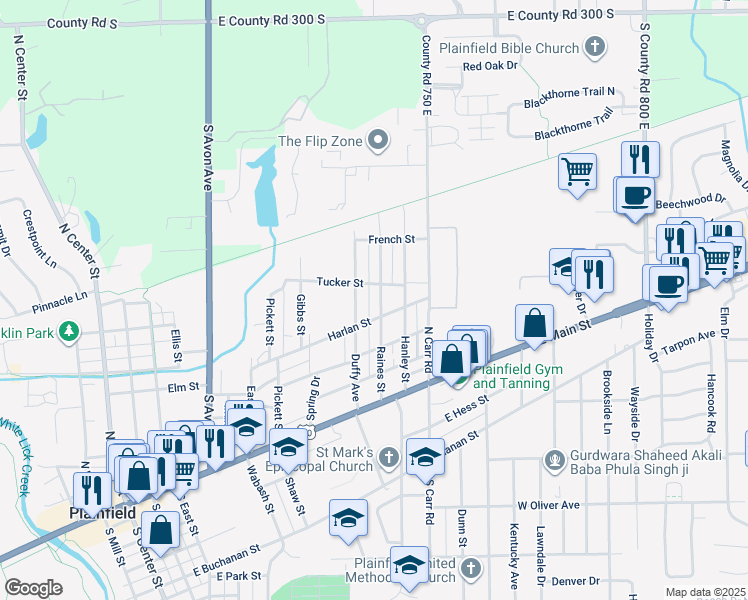 map of restaurants, bars, coffee shops, grocery stores, and more near 410 Raines Street in Plainfield