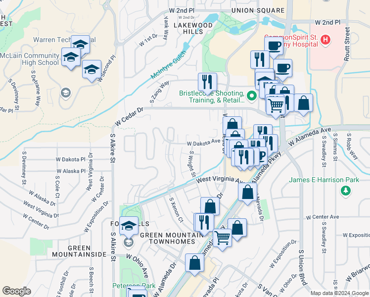 map of restaurants, bars, coffee shops, grocery stores, and more near 435 South Wright Street in Lakewood