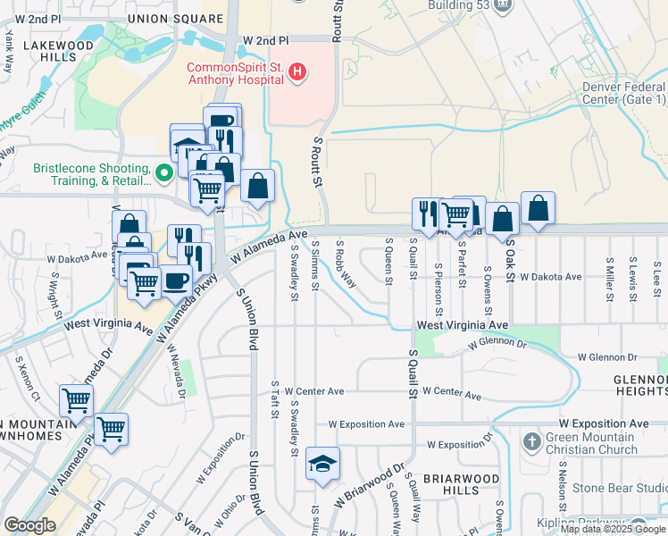 map of restaurants, bars, coffee shops, grocery stores, and more near 373 South Robb Way in Lakewood