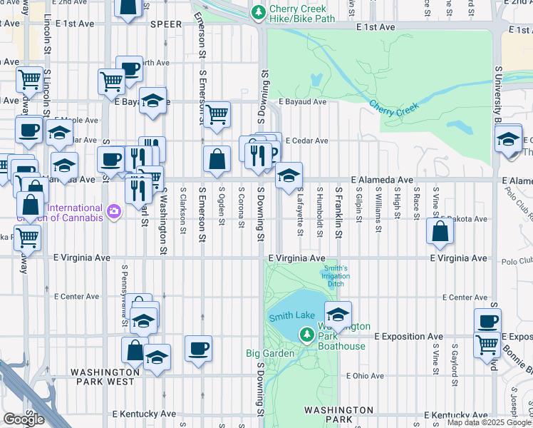 map of restaurants, bars, coffee shops, grocery stores, and more near 388 South Downing Street in Denver
