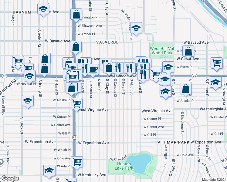 map of restaurants, bars, coffee shops, grocery stores, and more near 395 South Canosa Court in Denver