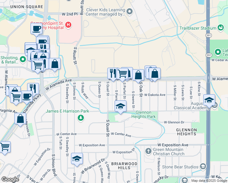 map of restaurants, bars, coffee shops, grocery stores, and more near 381 South Pierson Street in Lakewood