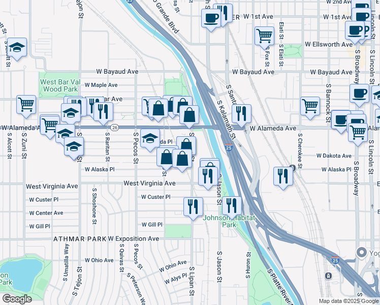 map of restaurants, bars, coffee shops, grocery stores, and more near 377b South Lipan Street in Denver