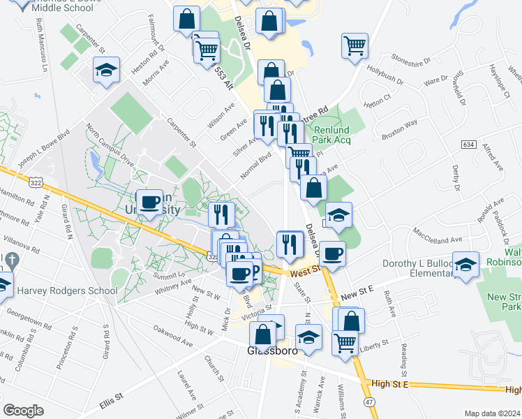 map of restaurants, bars, coffee shops, grocery stores, and more near 42 Carpenter Street in Glassboro