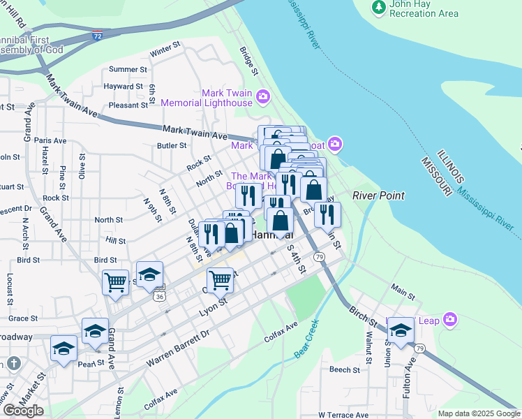 map of restaurants, bars, coffee shops, grocery stores, and more near 408 Center Street in Hannibal