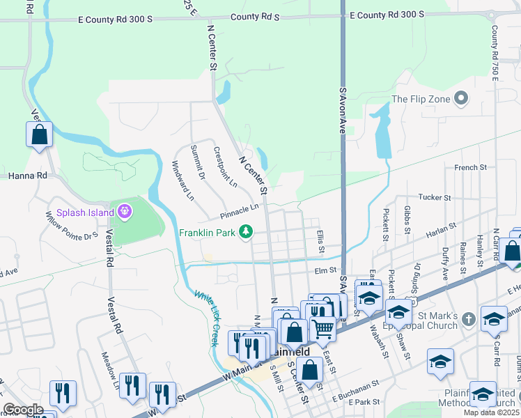 map of restaurants, bars, coffee shops, grocery stores, and more near 201 Pinnacle Lane in Plainfield