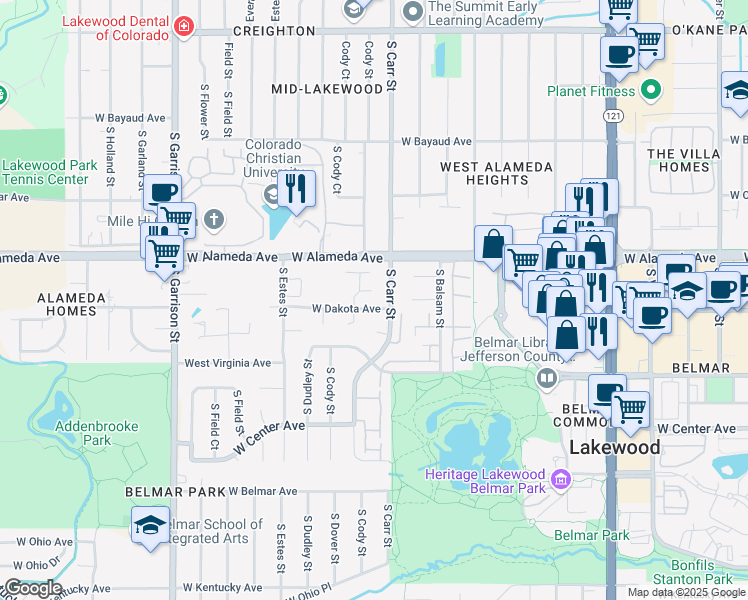 map of restaurants, bars, coffee shops, grocery stores, and more near 8447 West Dakota Avenue in Lakewood