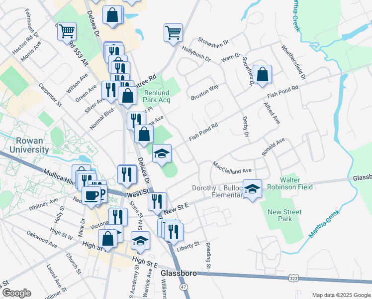 map of restaurants, bars, coffee shops, grocery stores, and more near 216 Baldwin Road in Glassboro