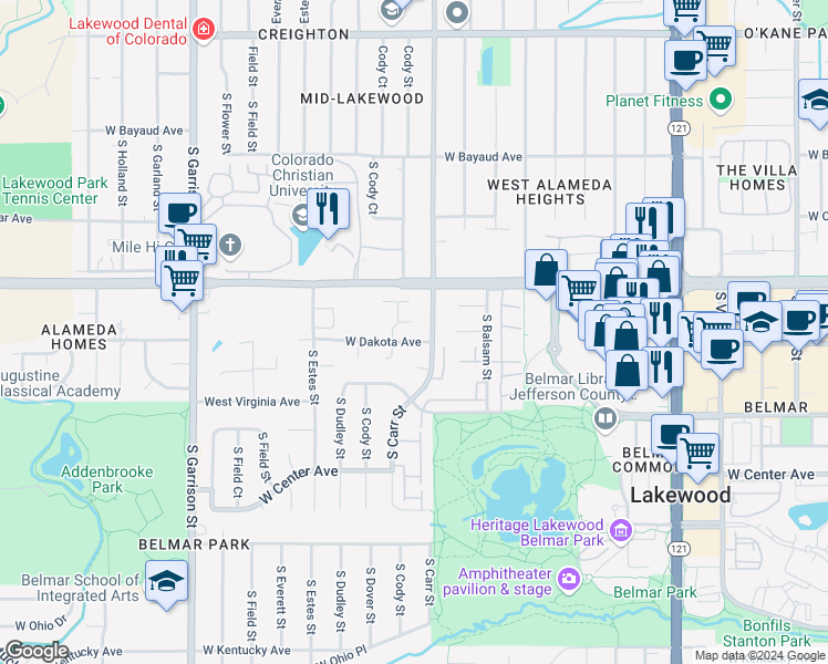 map of restaurants, bars, coffee shops, grocery stores, and more near 8447 West Dakota Avenue in Lakewood