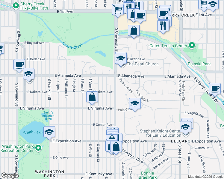 map of restaurants, bars, coffee shops, grocery stores, and more near 2323 East Dakota Avenue in Denver