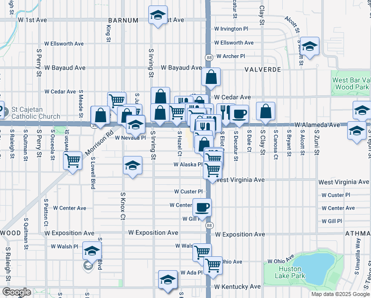 map of restaurants, bars, coffee shops, grocery stores, and more near 3101 West Dakota Avenue in Denver