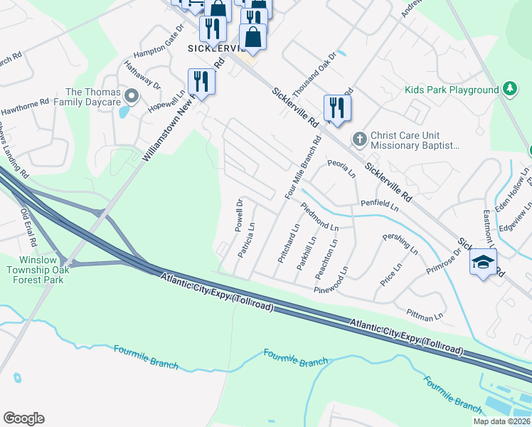 map of restaurants, bars, coffee shops, grocery stores, and more near 3 Powell Drive in Sicklerville