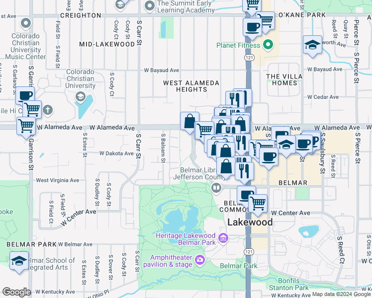 map of restaurants, bars, coffee shops, grocery stores, and more near 433 South Allison Parkway in Lakewood