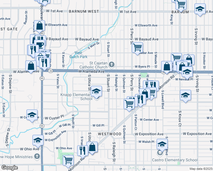 map of restaurants, bars, coffee shops, grocery stores, and more near 401 South Stuart Street in Denver