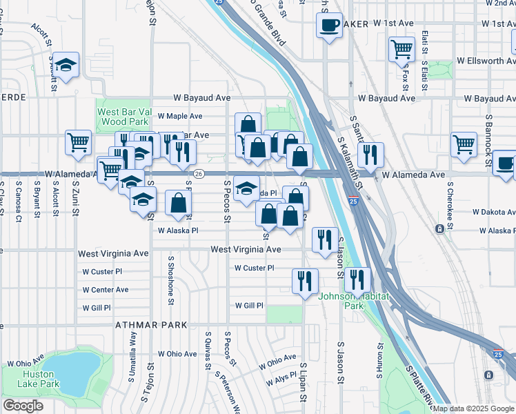map of restaurants, bars, coffee shops, grocery stores, and more near 1321 West Dakota Avenue in Denver