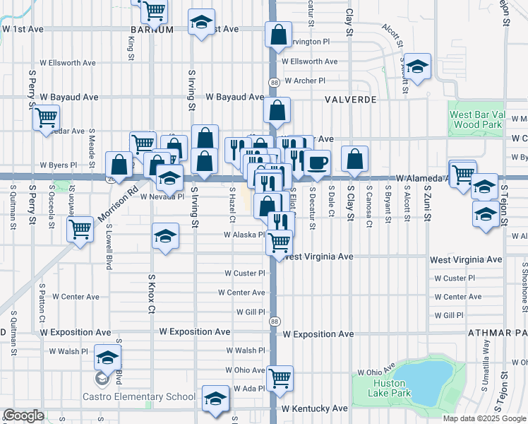 map of restaurants, bars, coffee shops, grocery stores, and more near 395 South Federal Boulevard in Denver